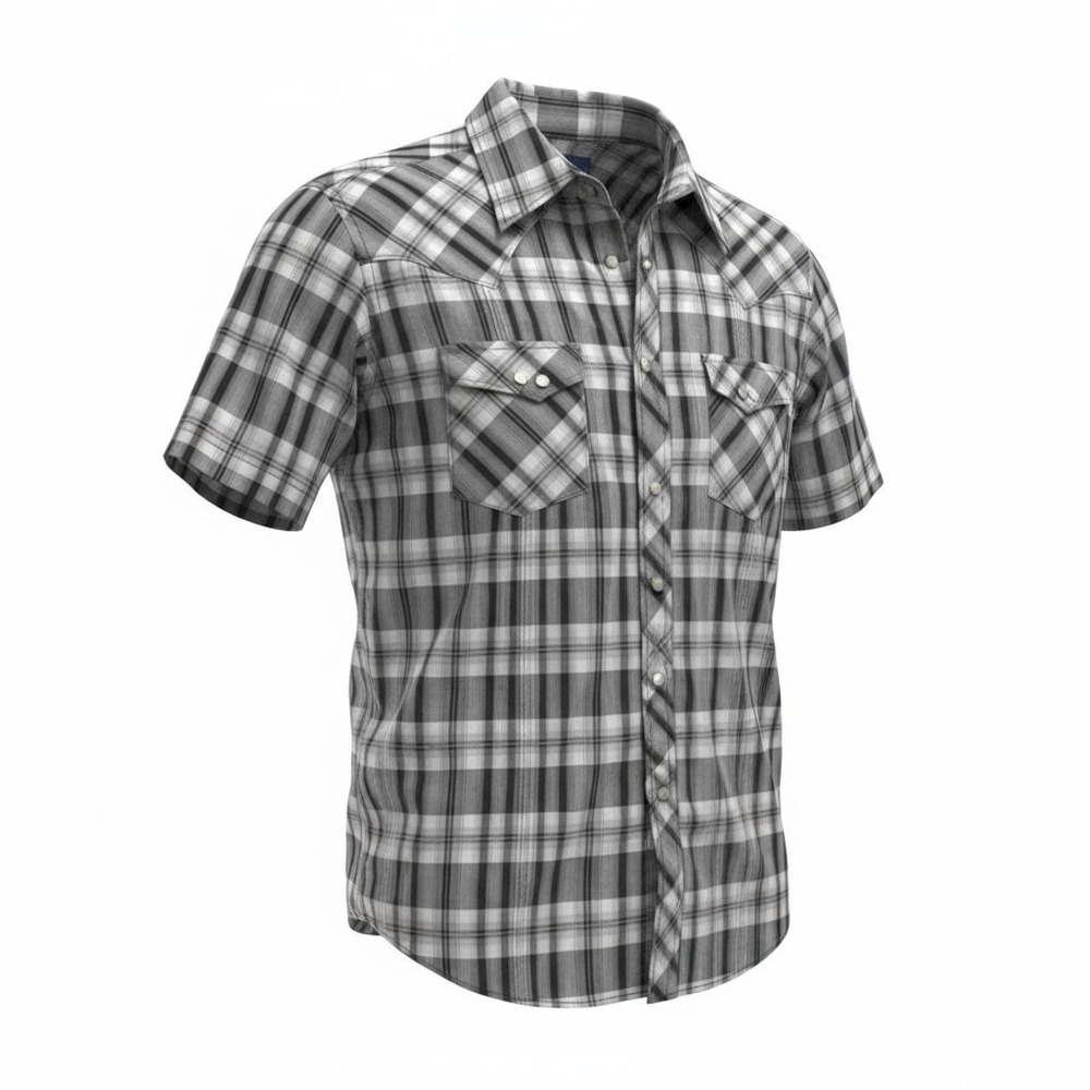 Wrangler Mens Short Sleeve Western Snap Plaid Shirt Grey Black Yoke 31in‎ Length